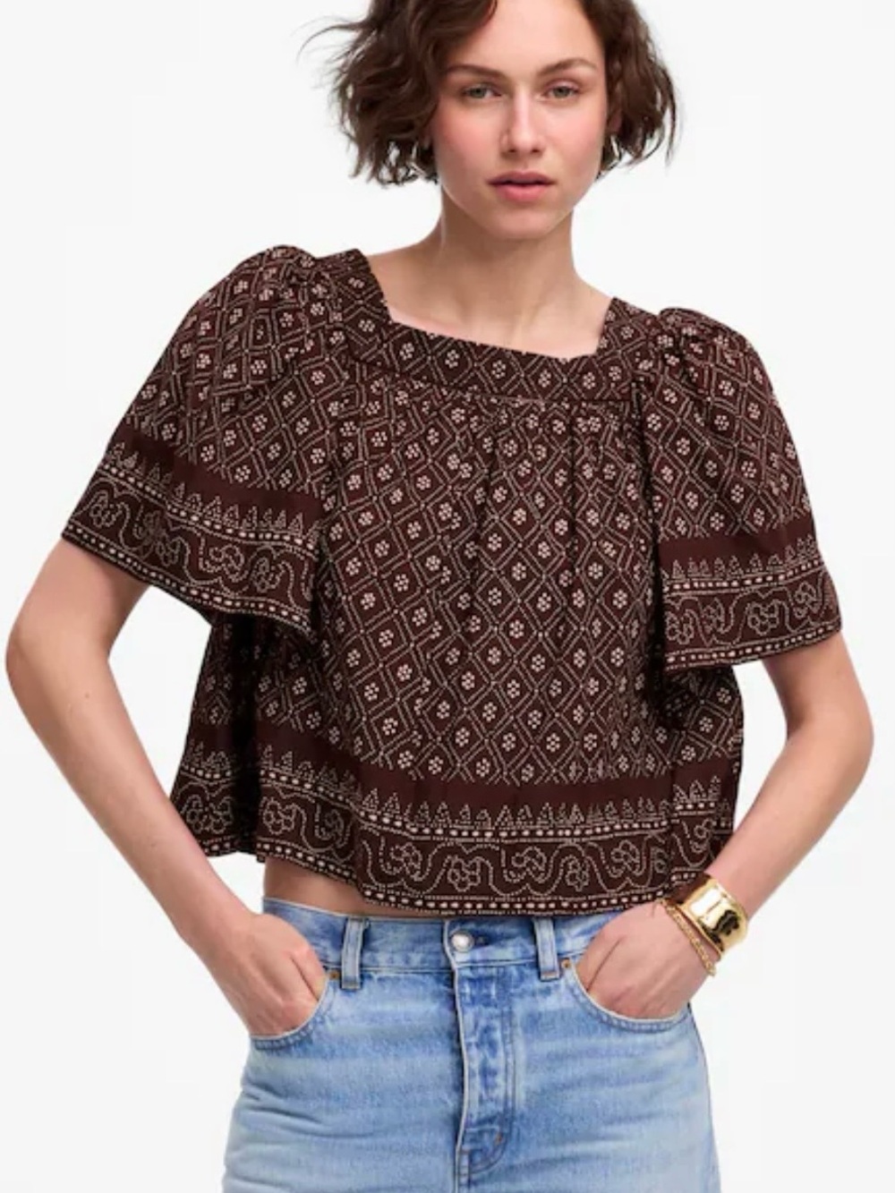 NWT Madewell Flutter Sleeve Top In Dark Plum Floral Print, Square Neck, Size M